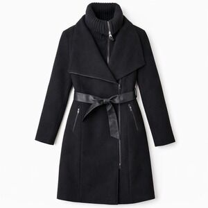 Mackage Nori Wool Cashmere Coat Black Leather Belt 2-in-1 Ribbed Collar XL Luxur